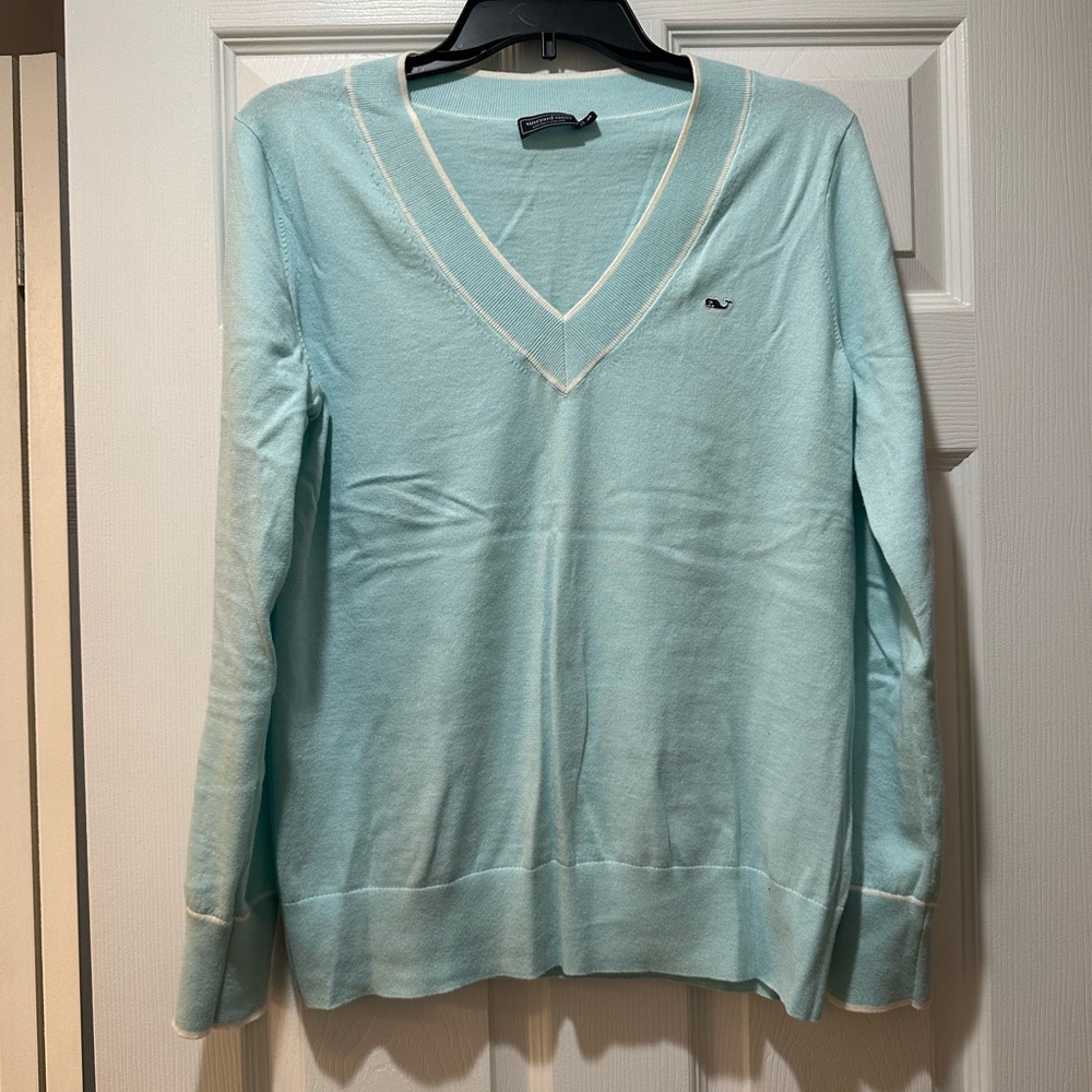 Cotton cashmere aqua Blue V-Neck slim fit Sweater